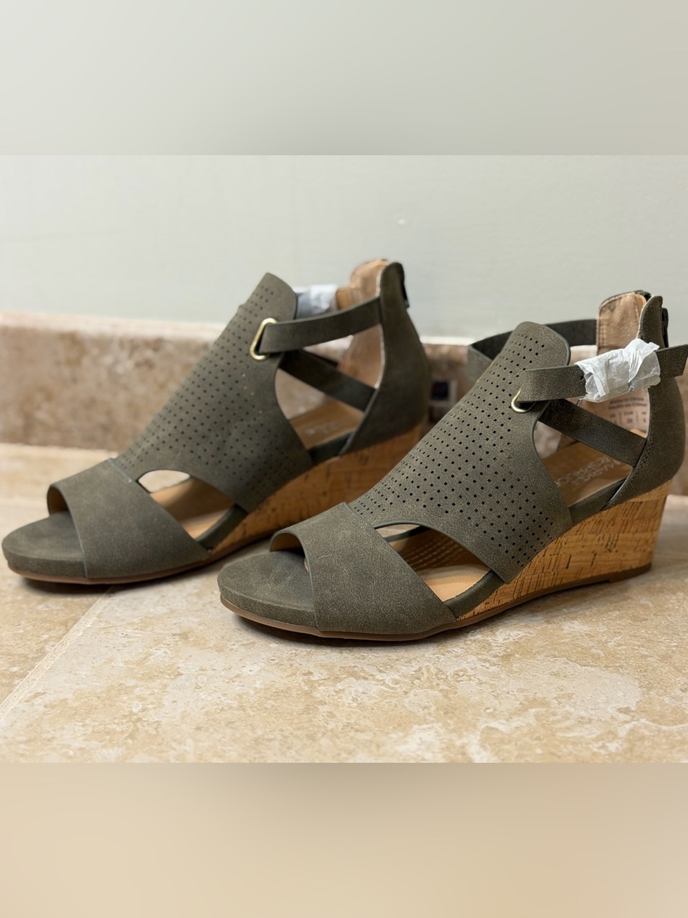 Market & Spruce Olive Green Ryann Peep Toe Wedge Sandals